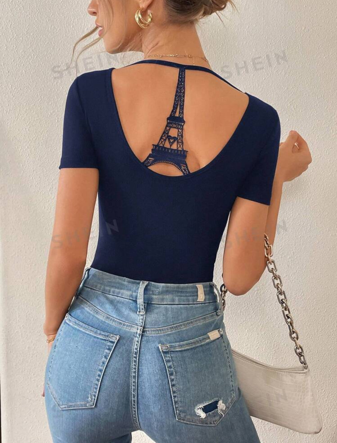 SHEIN Essnce Camiseta de punto sin espalda con estampado de la Torre Eiffel de París de verano