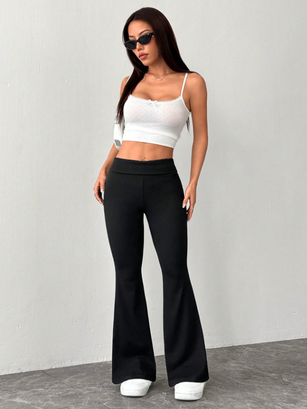 SHEIN PETITE Pantalones pitillo acampanados de mujer con cintura baja, de punto elástico