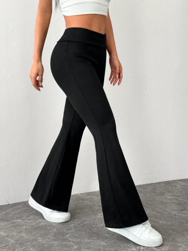 SHEIN PETITE Pantalones pitillo acampanados de mujer con cintura baja, de punto elástico