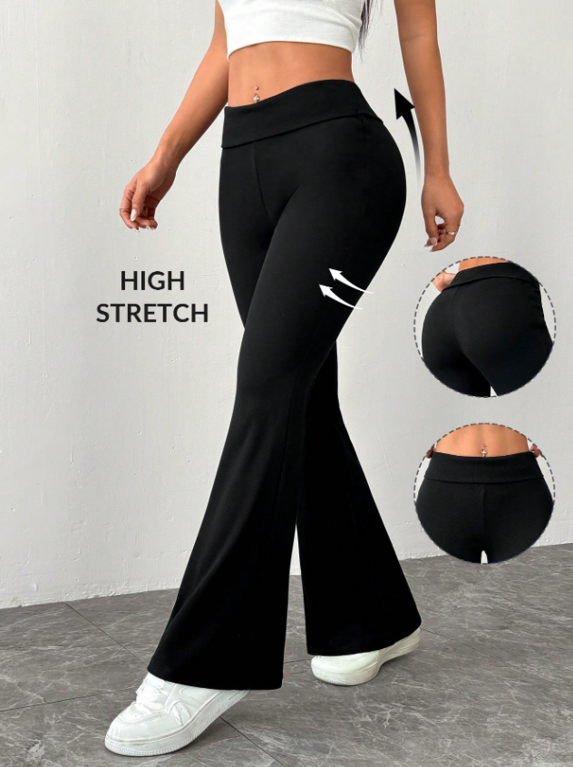 SHEIN PETITE Pantalones pitillo acampanados de mujer con cintura baja, de punto elástico