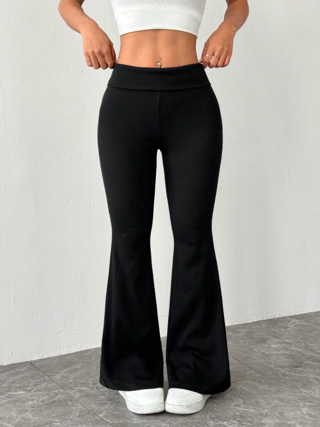 SHEIN PETITE Pantalones pitillo acampanados de mujer con cintura baja, de punto elástico