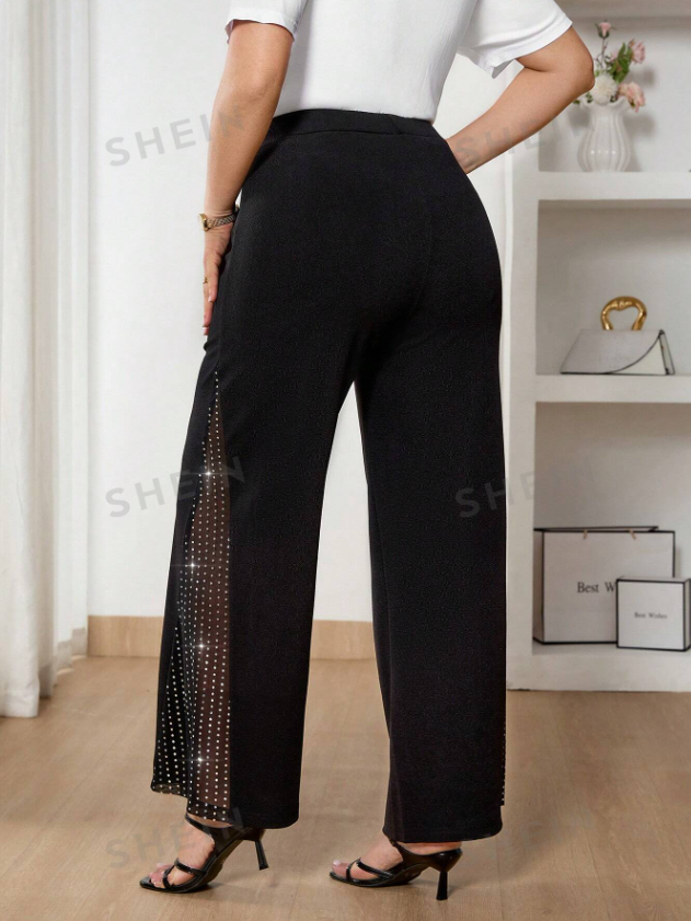 SHEIN Frenchy Pantalones negros casuales con aplicaciones brillantes, pantalones negros elegantes