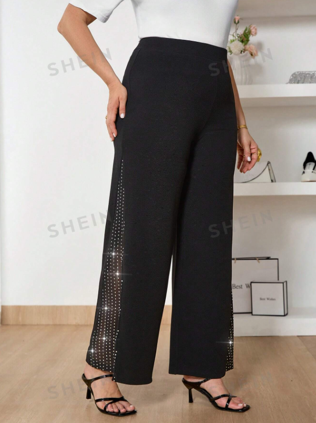 SHEIN Frenchy Pantalones negros casuales con aplicaciones brillantes, pantalones negros elegantes