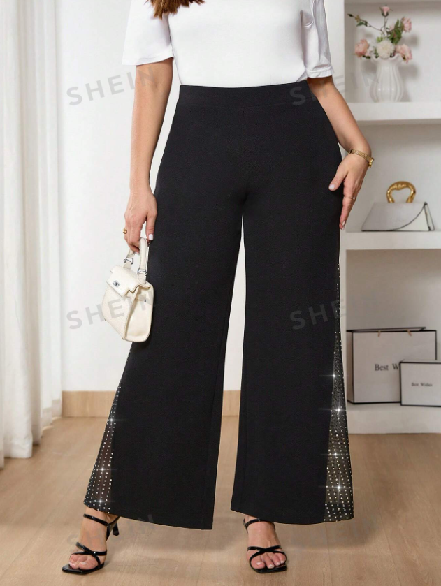 SHEIN Frenchy Pantalones negros casuales con aplicaciones brillantes, pantalones negros elegantes