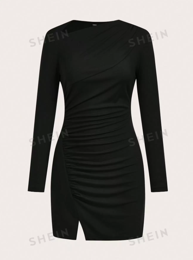 SHEIN Clasi Vestido cómodo y abrigado de ajuste ceñido, con pliegues delanteros, hendidura y diseño elegante