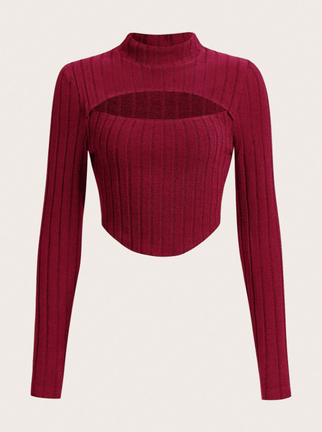 SHEIN EZwear Blusa de punto casual de manga larga con diseño calado en la parte delantera de color liso
