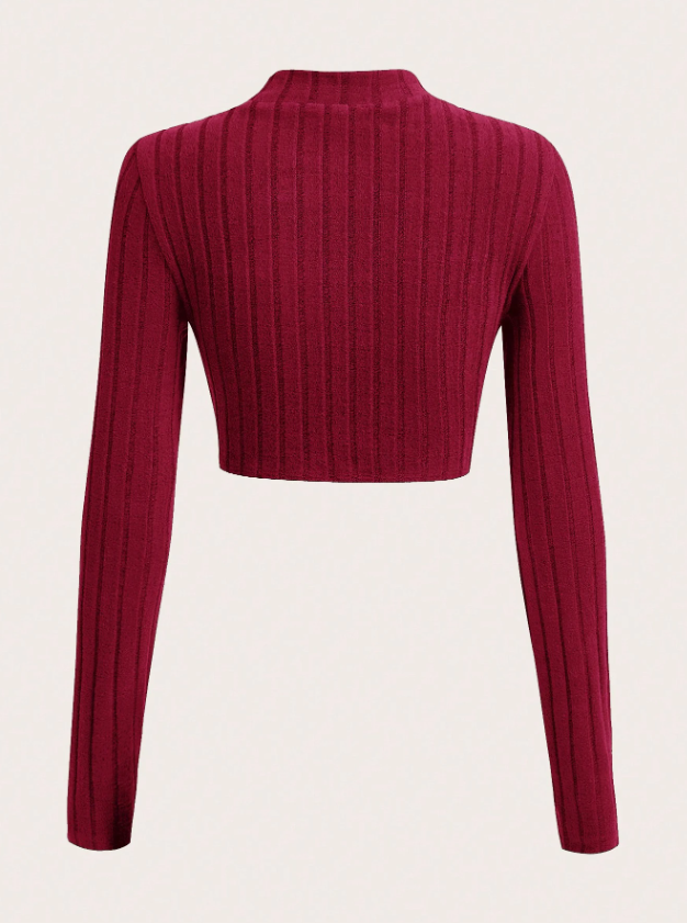 SHEIN EZwear Blusa de punto casual de manga larga con diseño calado en la parte delantera de color liso