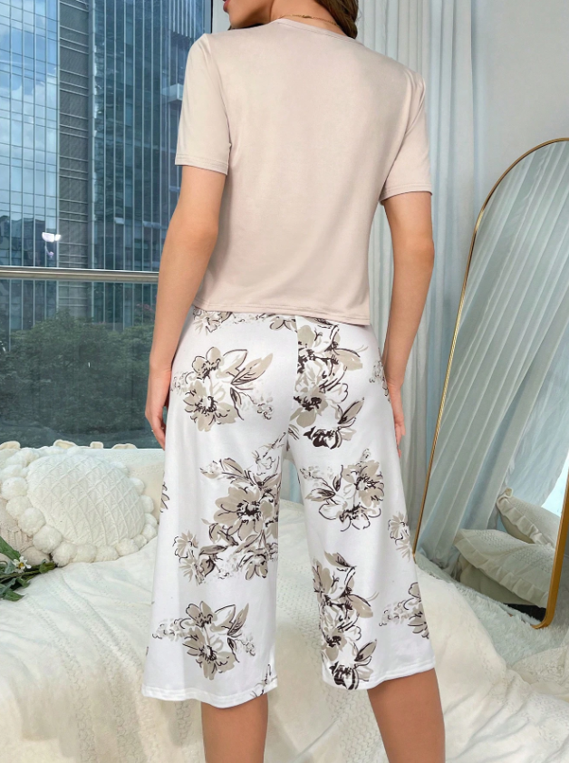 Conjunto de pijama / Conjunto de pijama con estampado floral y bolsillo remendado