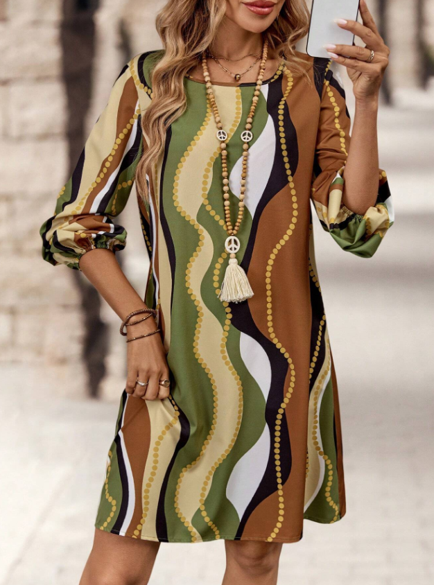 EMERY ROSE Vestido casual recto de manga farol con cuello redondo, estampado geométrico suelto, para primavera/otoño, para mujer