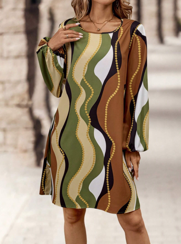 EMERY ROSE Vestido casual recto de manga farol con cuello redondo, estampado geométrico suelto, para primavera/otoño, para mujer