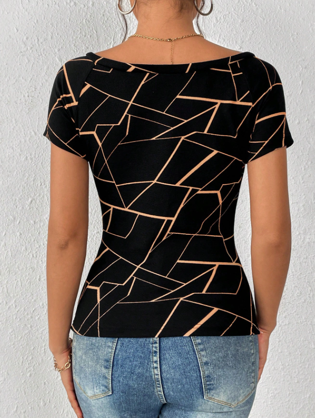 SHEIN Privé Camiseta con estampado geométrico de hombros descubiertos