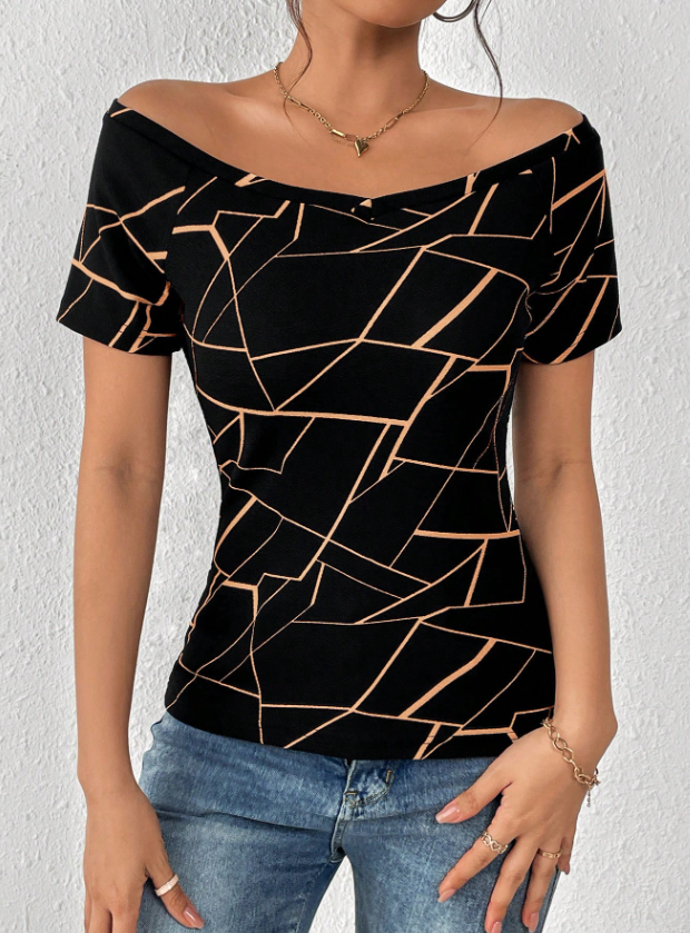 SHEIN Privé Camiseta con estampado geométrico de hombros descubiertos