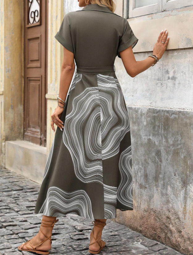 SHEIN Vestido camisa casual de mujer de manga corta con botones y estampado de veta de madera con cinturón anudado, vestido largo tipo maxi