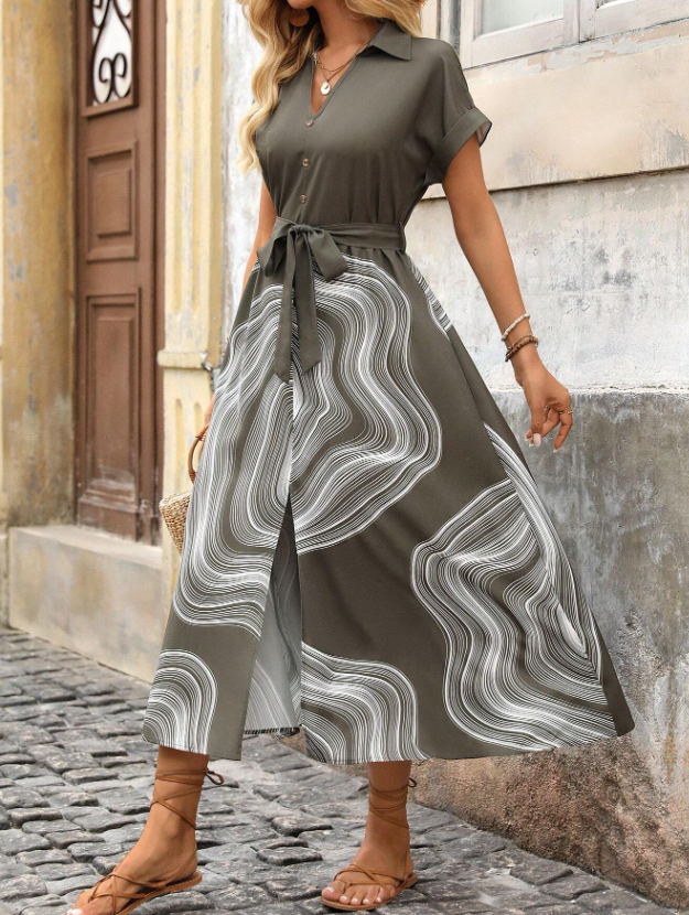 SHEIN Vestido camisa casual de mujer de manga corta con botones y estampado de veta de madera con cinturón anudado, vestido largo tipo maxi