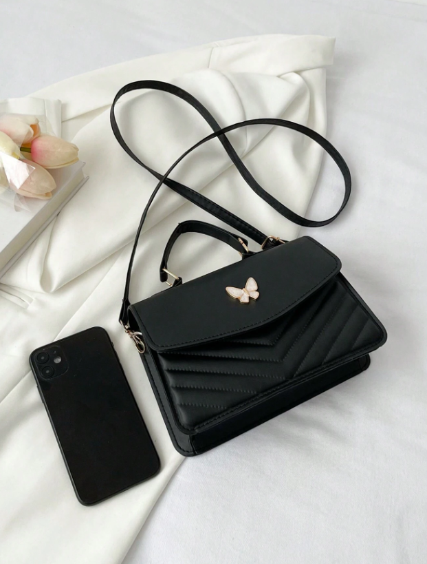 Bolso de hombro tipo cruzado cuadrado con solapa y diseño de moño en costura de piel de poliuretano