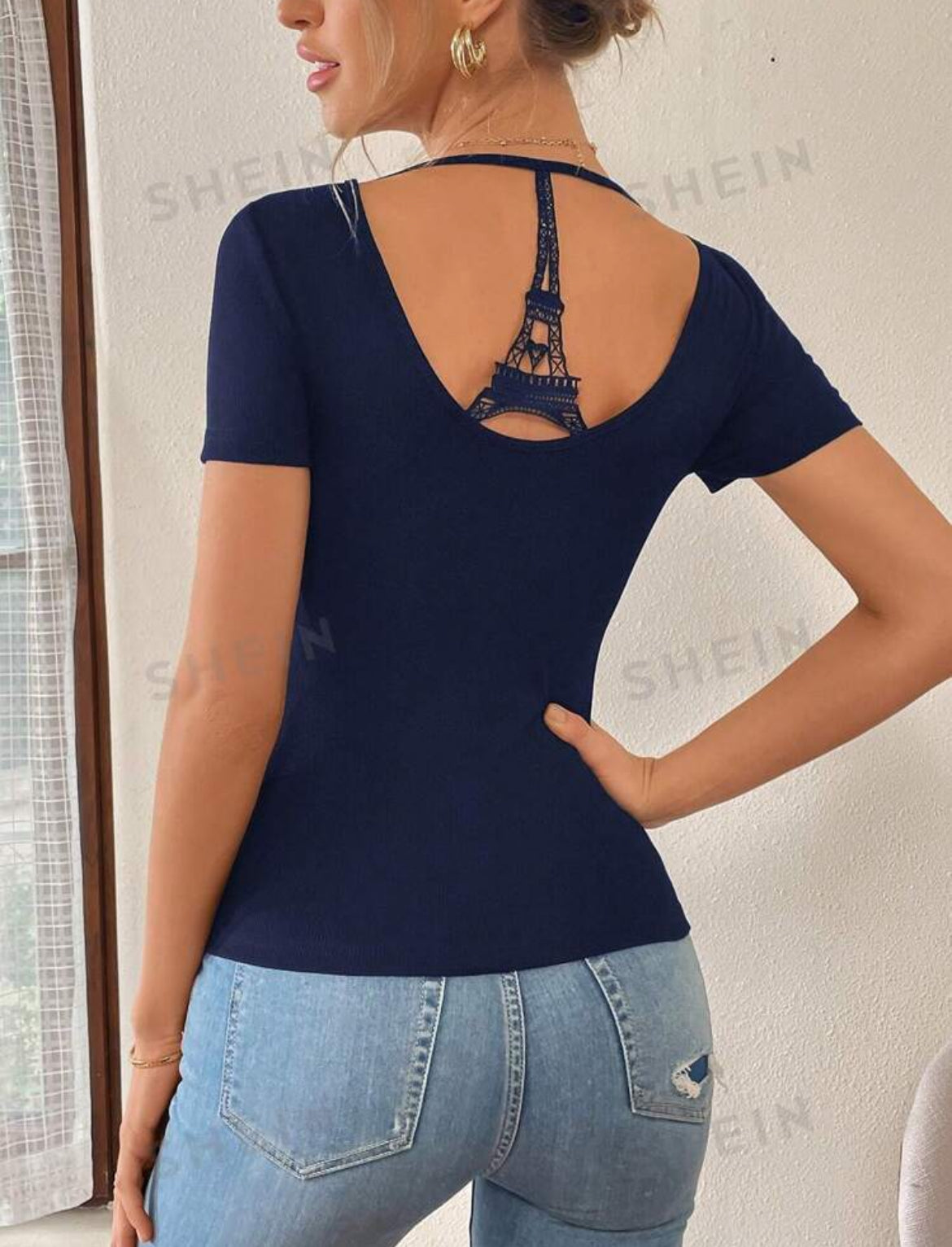 SHEIN Essnce Camiseta de punto sin espalda con estampado de la Torre Eiffel de París de verano
