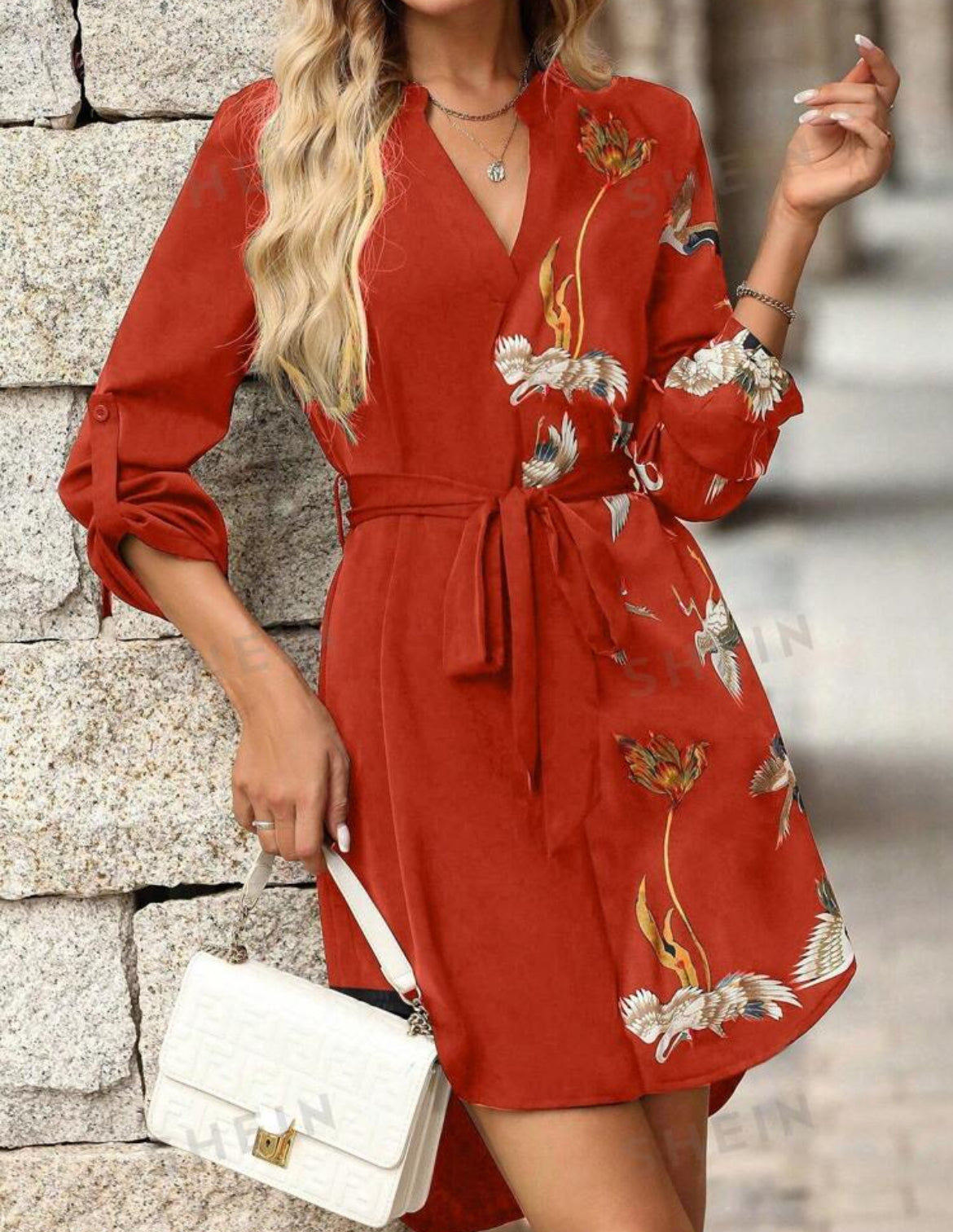 SHEIN Clasi Vestido casual de mujer con manga enrollable, cinturón