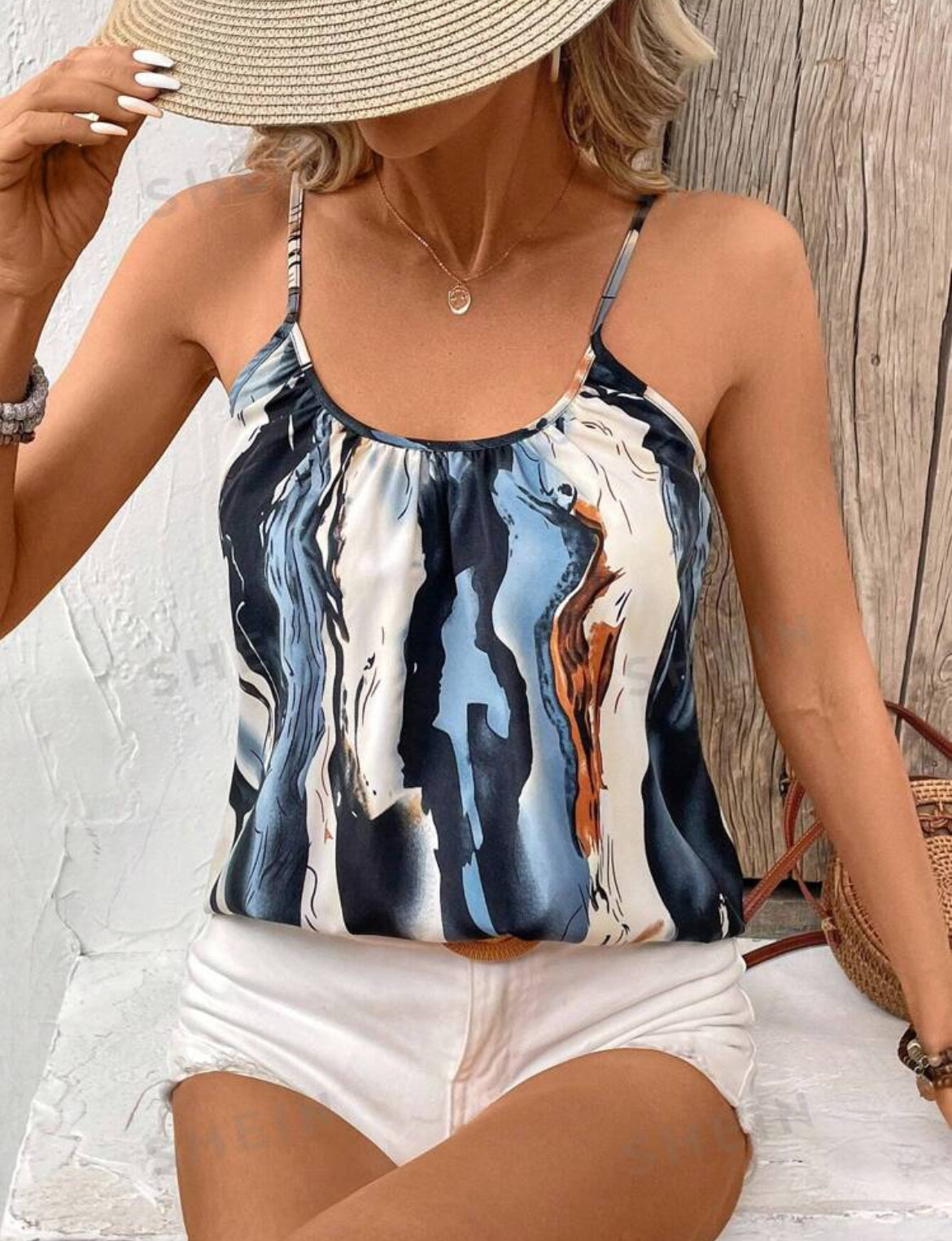 SHEIN LUNE Camiseta gráfica informal con estampado de mármol para mujer