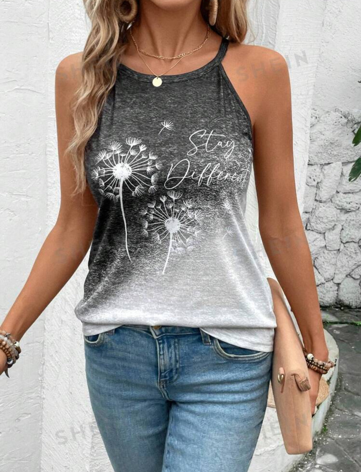 SHEIN LUNE Top de tirantes para mujer con impresión de diente de león en degradado blanco y negro