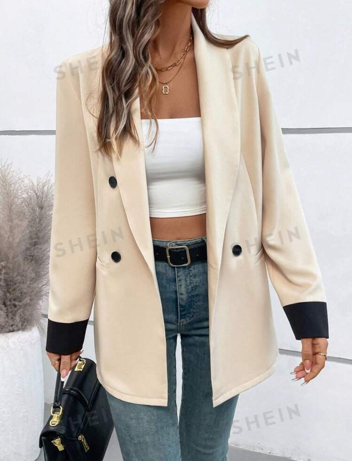 SHEIN Raffinéa Chaqueta de blazer de doble botonadura sobrecampana de color contrastante retazos para mujer primavera otoño
