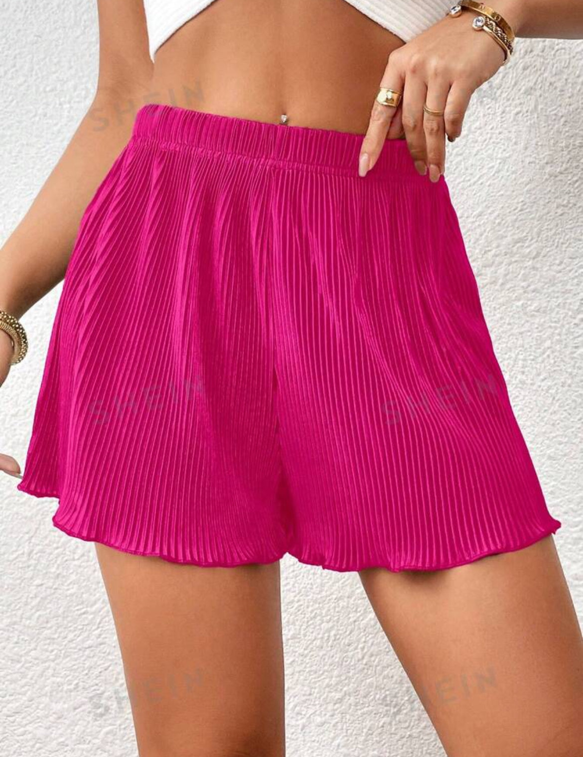 SHEIN Essnce Short de mujer de unicolor con cintura elástica, plisado y volantes en el bajo