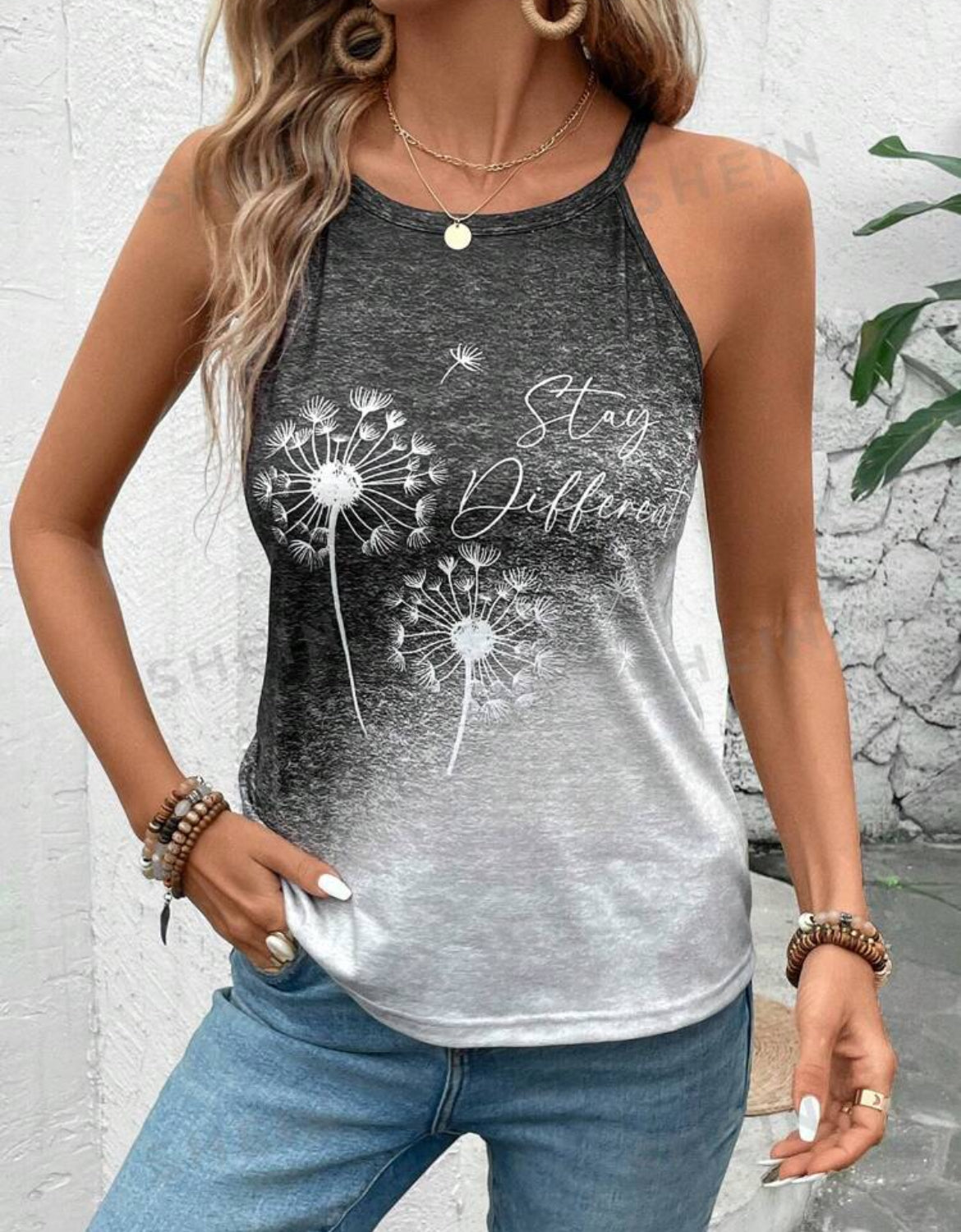 SHEIN LUNE Top de tirantes para mujer con impresión de diente de león en degradado blanco y negro