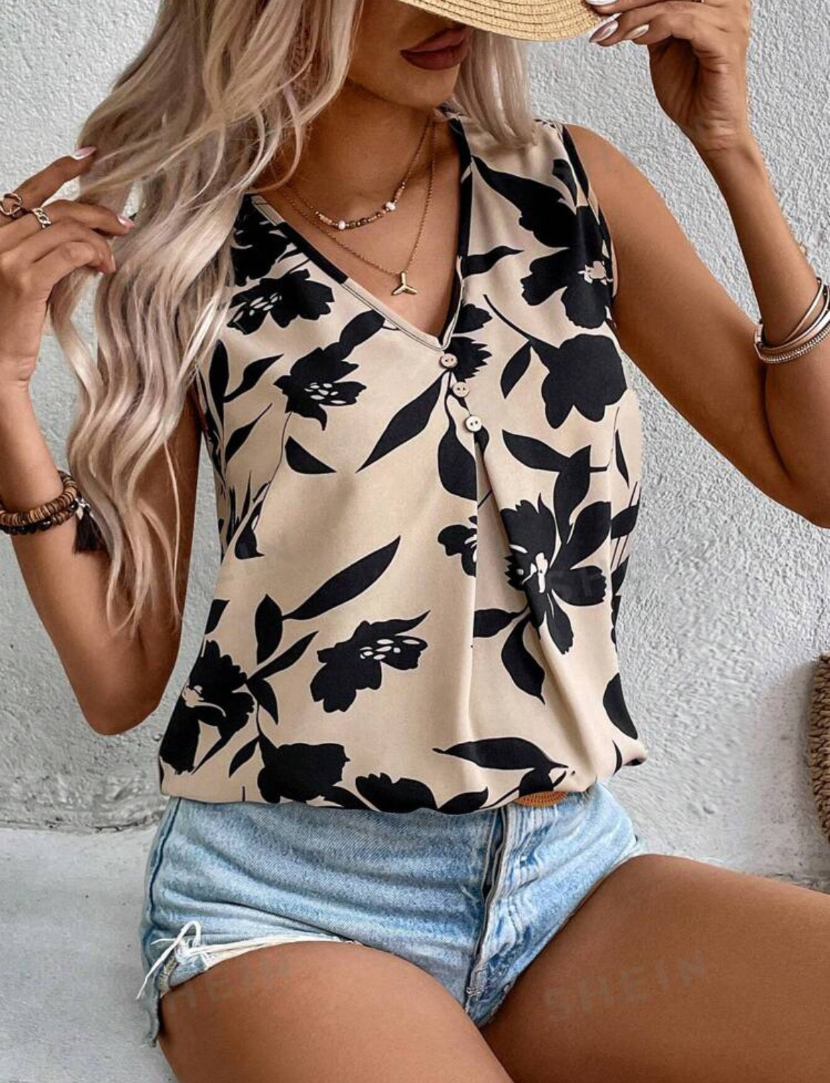 SHEIN Frenchy Camisa Casual De Mujer Sin Mangas De Longitud Media Con Estampado Floral