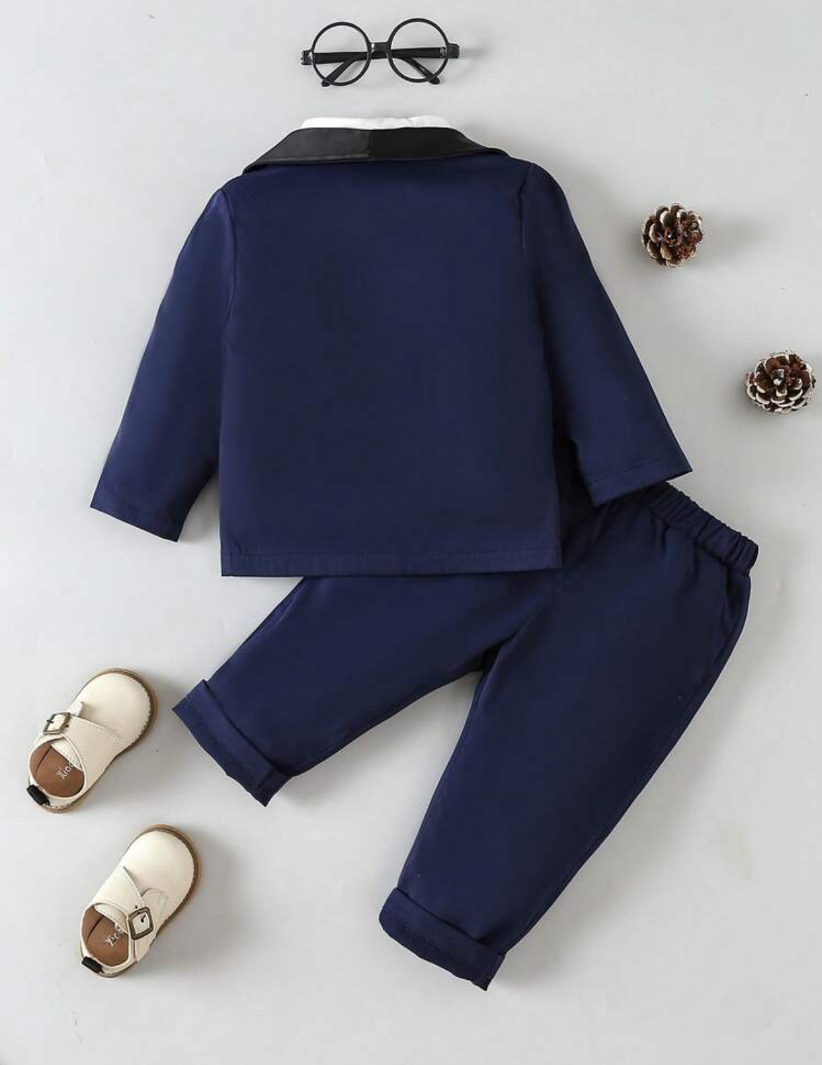 SHEIN Conjunto de 2 piezas de niño pequeño con chaqueta de cuello de chal de manga larga y pantalones, elegante y de moda para fiesta de cumpleaños, fiesta de noche, boda, bautizo, 1er cumpleaños