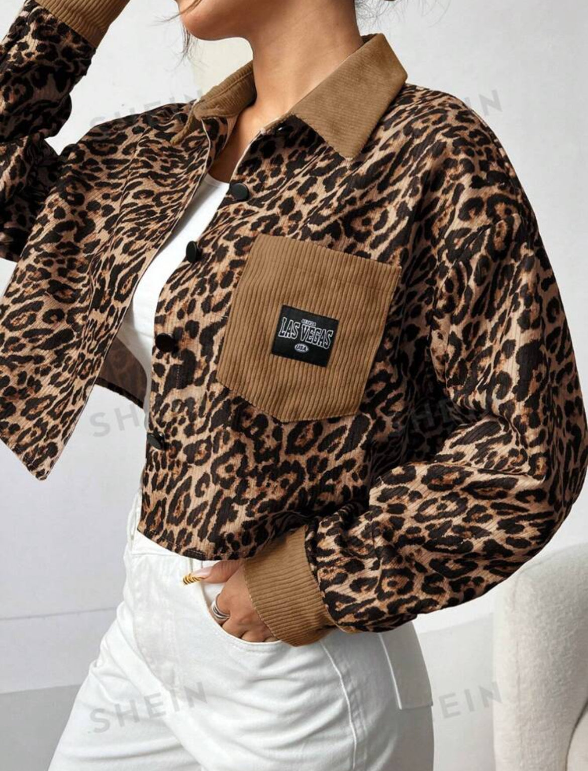 SHEIN EZwear Chaqueta corta informal con estampado de leopardo para mujer, para otoño