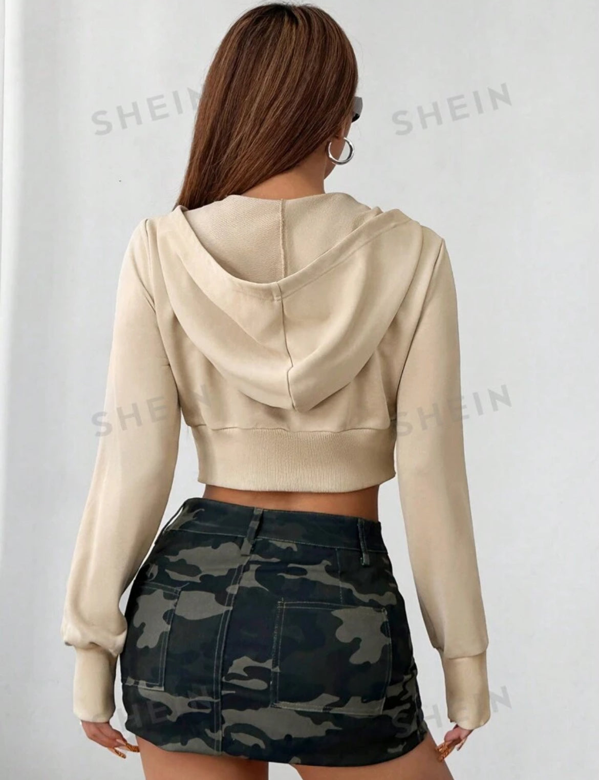 SHEIN EZwear Sudadera con capucha de punto con cremallera de color albaricoque para mujer