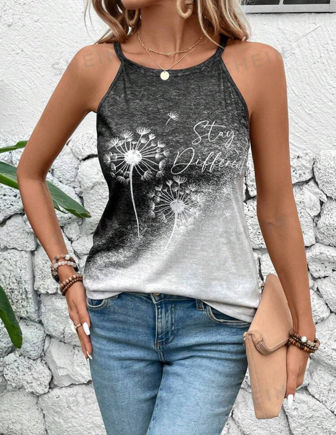 SHEIN LUNE Top de tirantes para mujer con impresión de diente de león en degradado blanco y negro