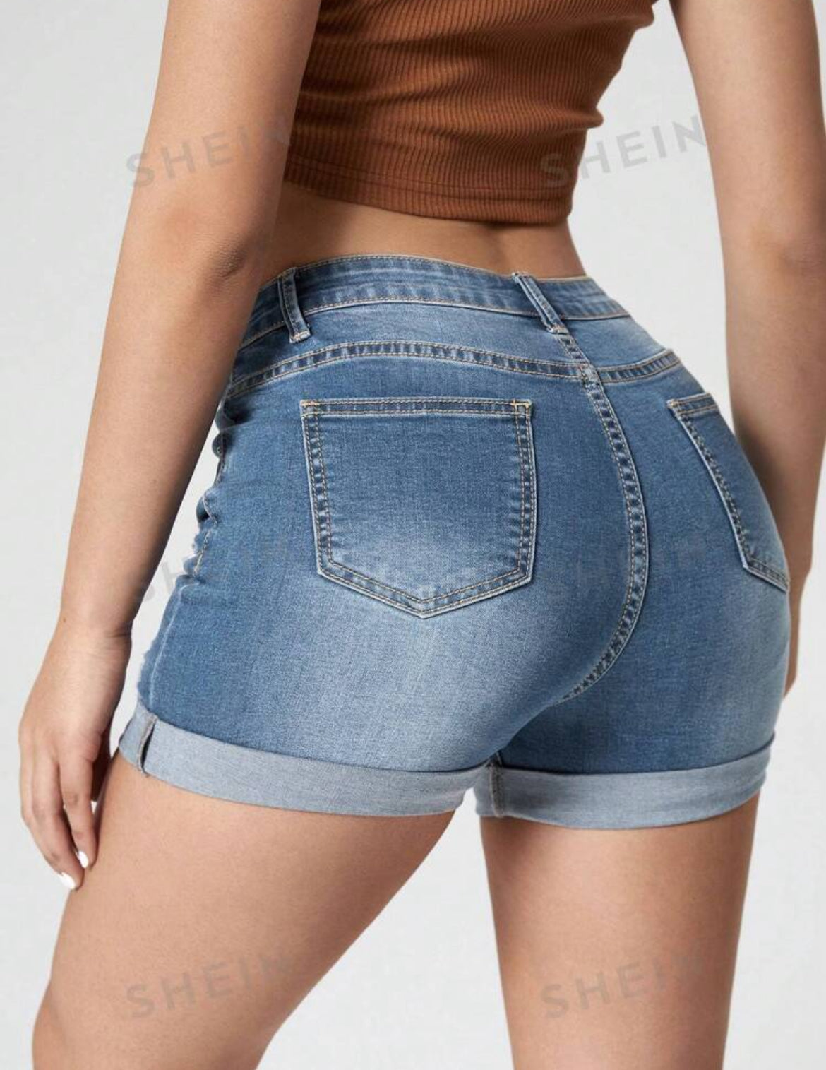 SHEIN Essnce Shorts de mezclilla rasgados simples y casuales para mujeres, shorts vaqueros de verano