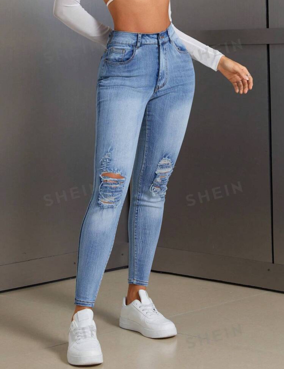 SHEIN SXY Jeans casuales versátiles de mujer con bolsillos y desgastados, tipo skinny