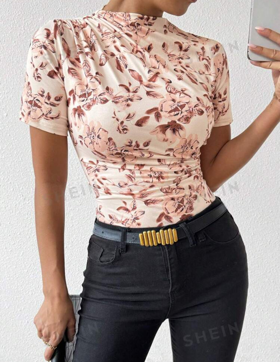 SHEIN VaVaLuxe Camiseta casual de verano para mujer con cuello alto, manga corta y plisada con estampado floral