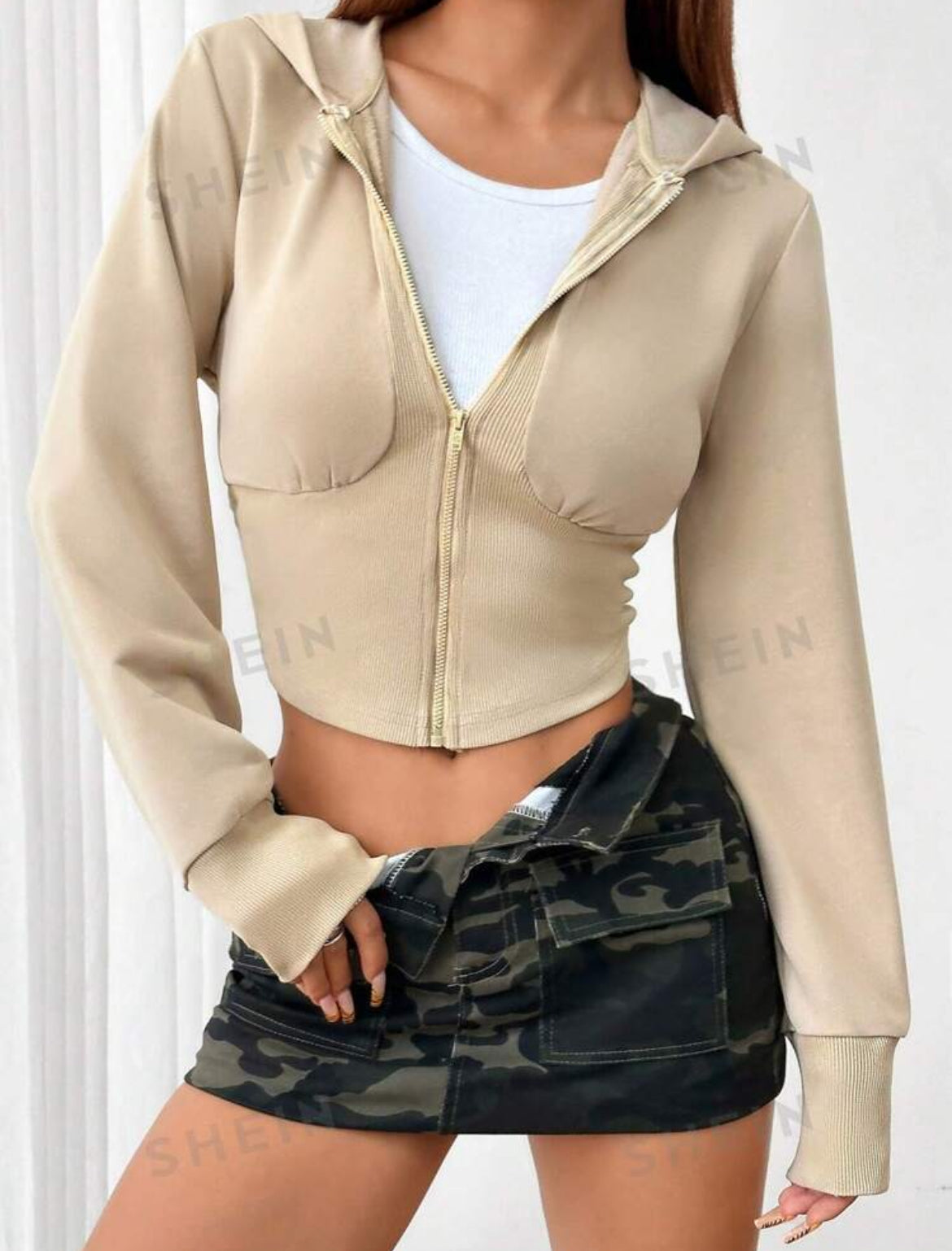 SHEIN EZwear Sudadera con capucha de punto con cremallera de color albaricoque para mujer