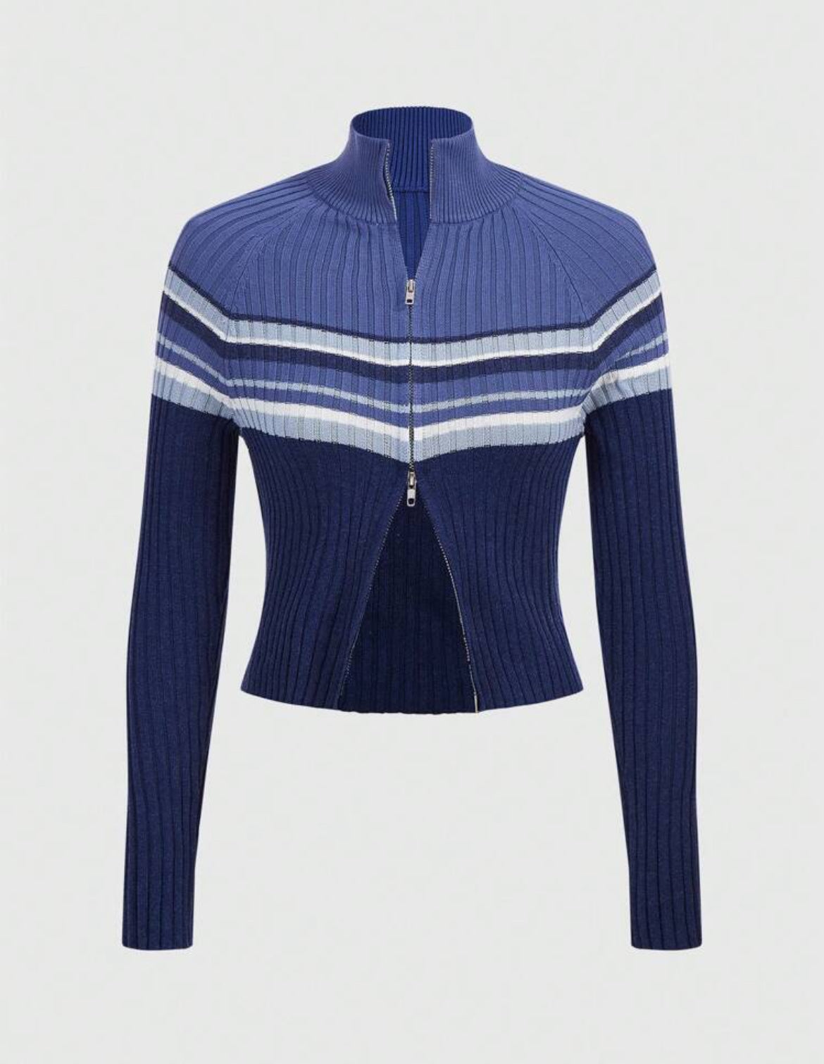 ROMWE Street Life Cárdigan de cuello alto con doble cremallera ajustado a rayas estilo vintage casual para mujeres