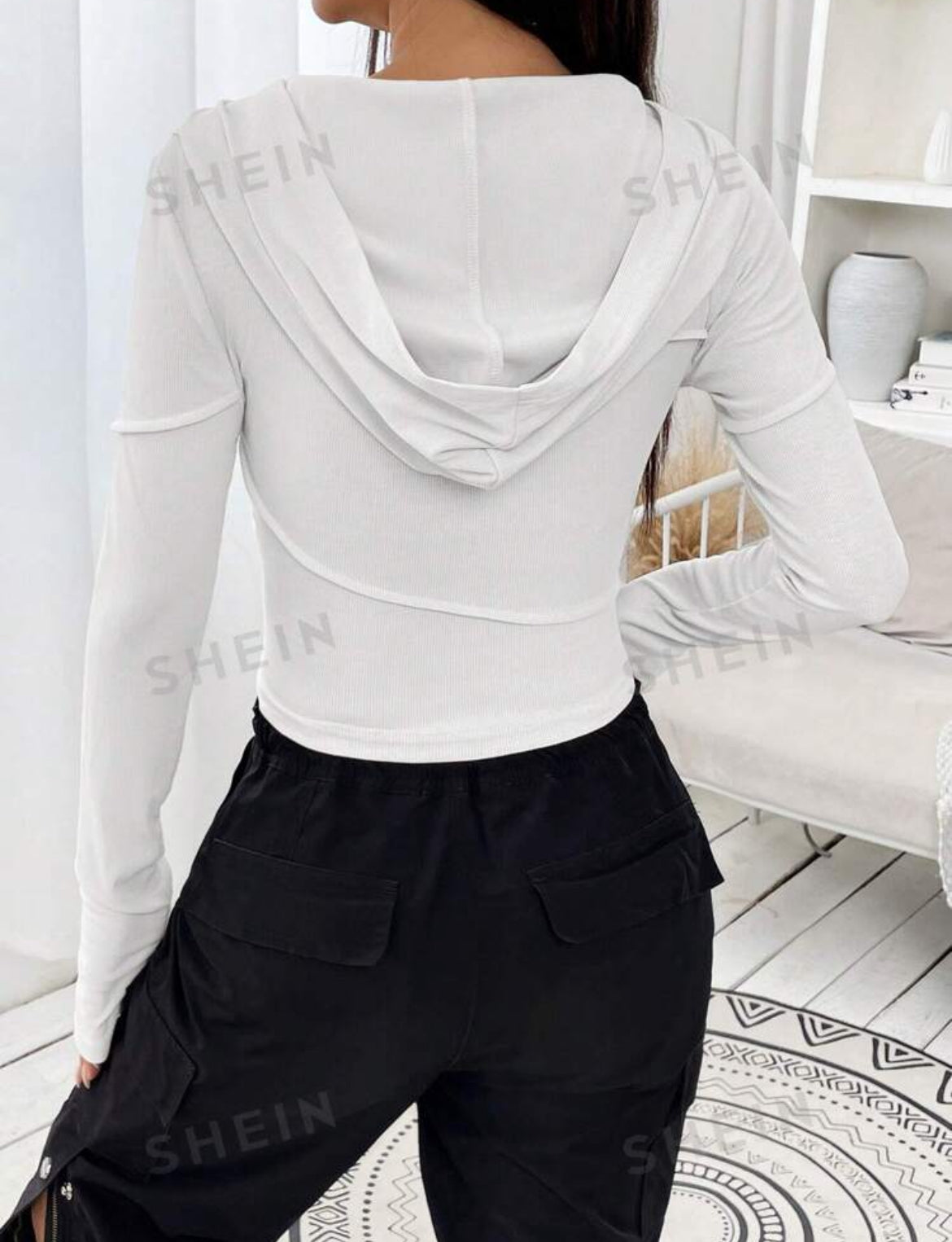 SHEIN EZwear Sudadera sólida elegante y casual con mangas largas, capucha y ajuste ceñido para mujer