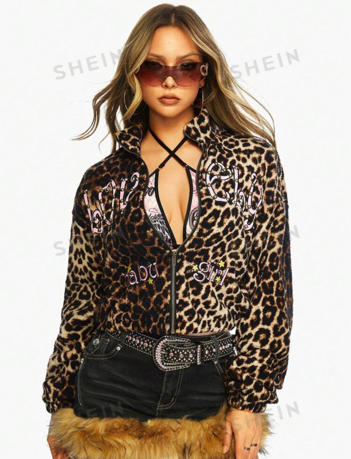 ROMWE Kawaii Chaqueta con estampado de leopardo esponjoso y bordado de estrella vintage