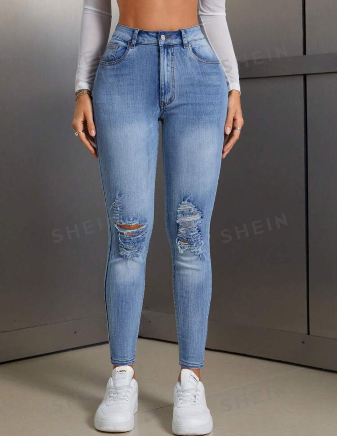 SHEIN SXY Jeans casuales versátiles de mujer con bolsillos y desgastados, tipo skinny