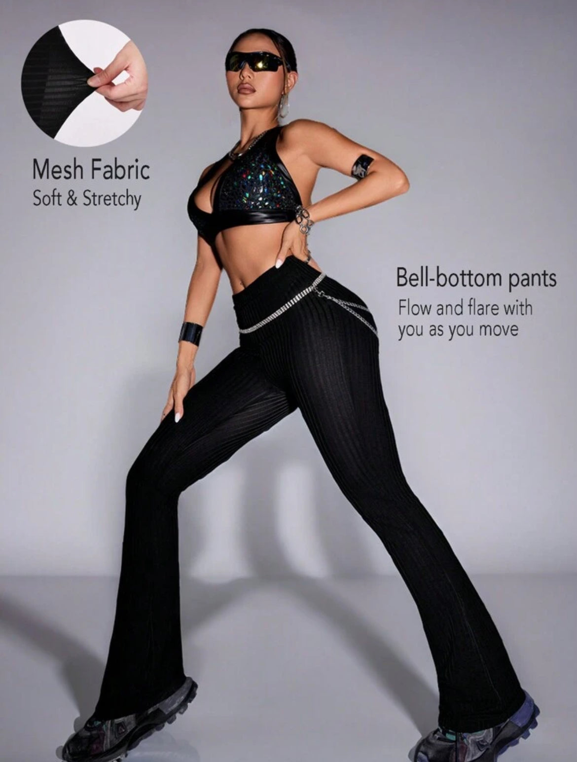 SHEIN Sport Innovista Pantalones deportivos con paneles de tela de malla y shorts con triángulos, leggings acampanados con control de abdomen y levantamiento de glúteos, leggings moldeadores de spándex elástico