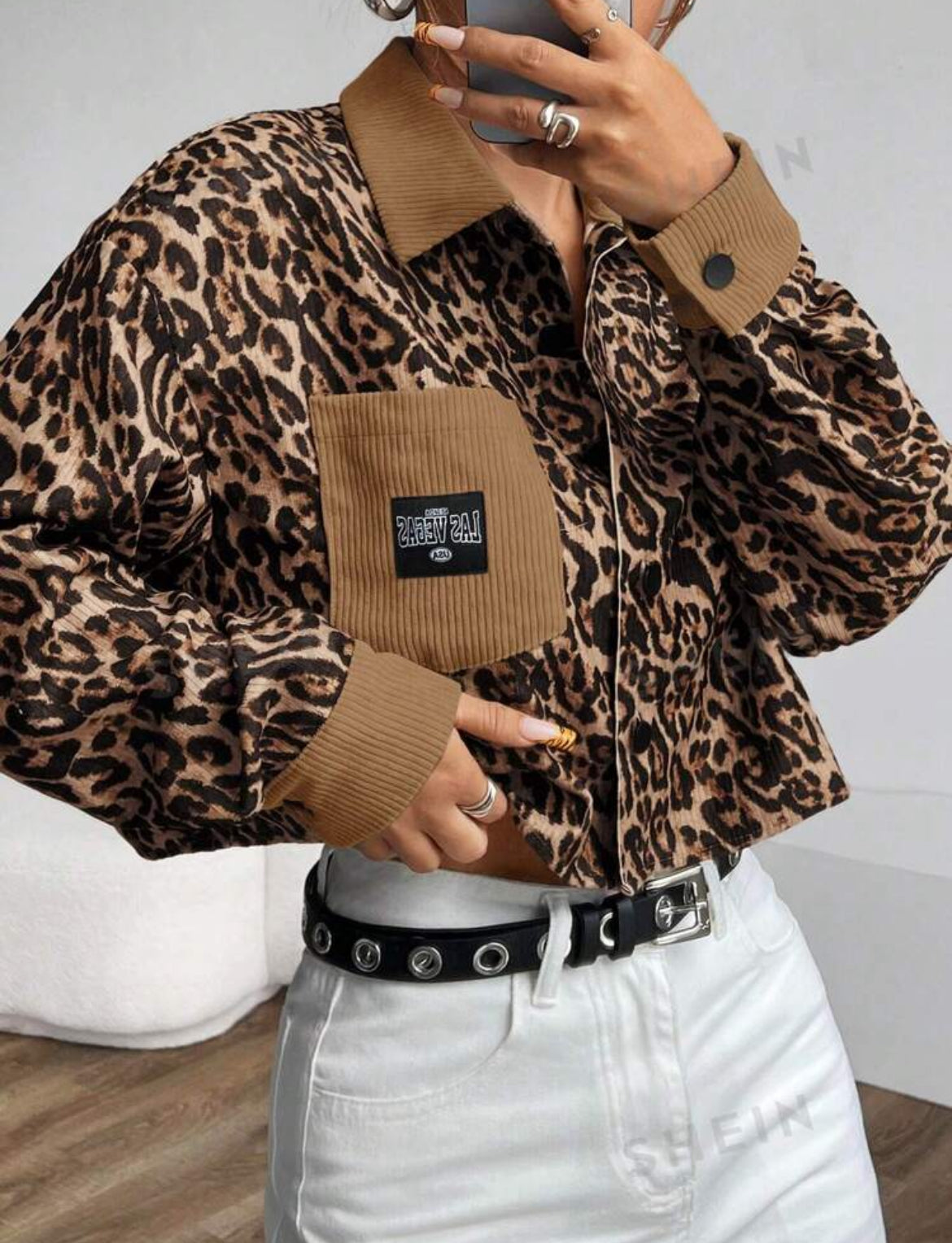 SHEIN EZwear Chaqueta corta informal con estampado de leopardo para mujer, para otoño