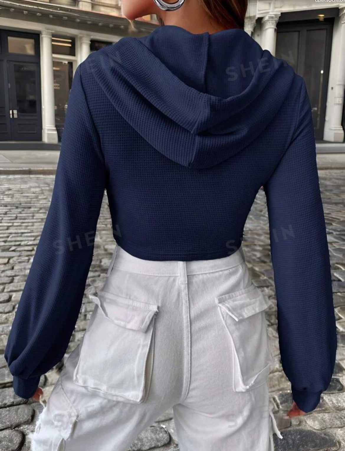 SHEIN EZwear Jersey con capucha de mujer de color azul profundo con bajo asimétrico y calado