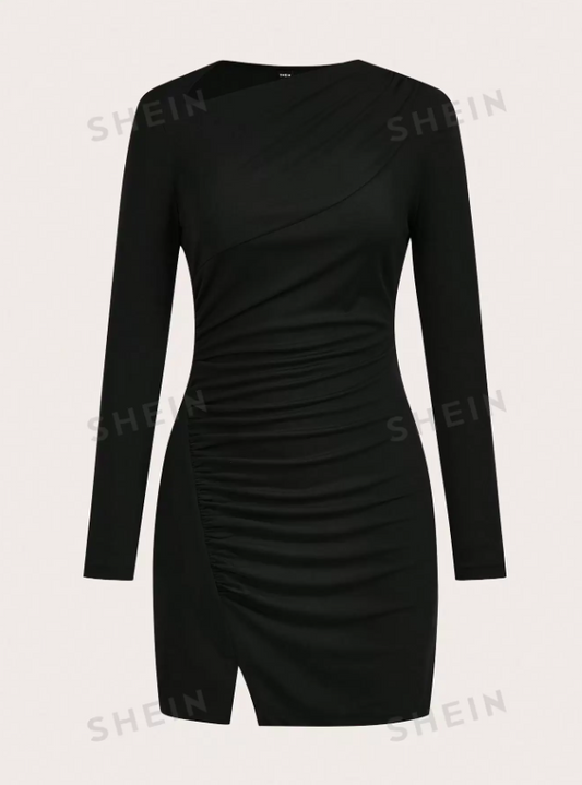 SHEIN Clasi Vestido cómodo y abrigado de ajuste ceñido, con pliegues delanteros, hendidura y diseño elegante