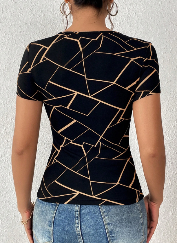 SHEIN Privé Camiseta con estampado geométrico con abertura delantera