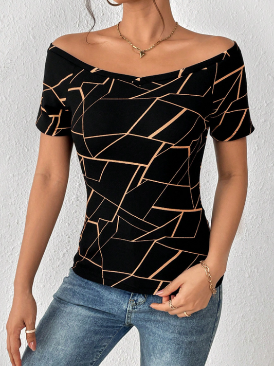 SHEIN Privé Camiseta con estampado geométrico de hombros descubiertos