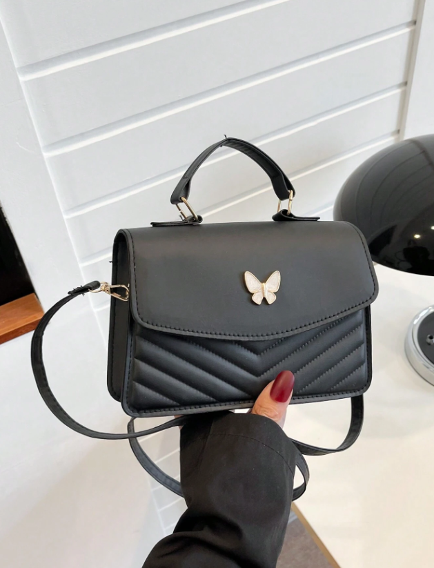 Bolso de hombro tipo cruzado cuadrado con solapa y diseño de moño en costura de piel de poliuretano