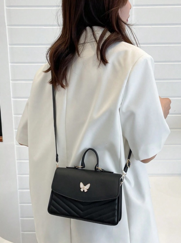 Bolso de hombro tipo cruzado cuadrado con solapa y diseño de moño en costura de piel de poliuretano