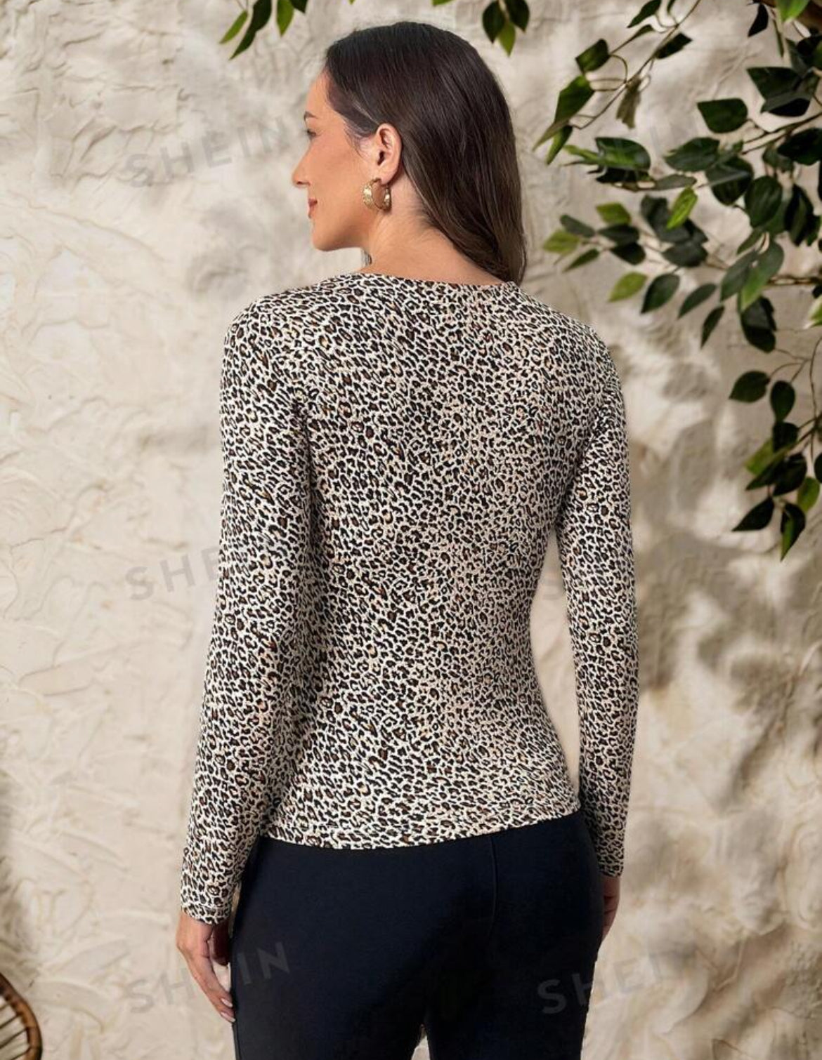EMERY ROSE Ropa de otoño Camisetas básicas para mujeres Parte superior con estampado de leopardo Parte superior para mujeres