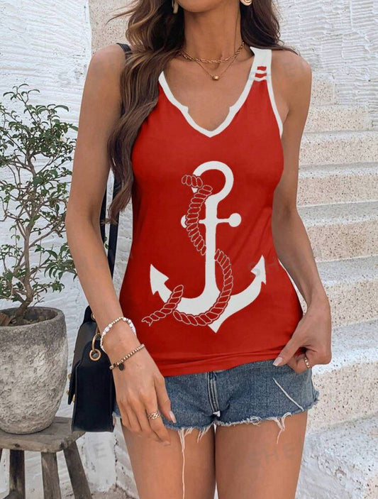 SHEIN LUNE Camiseta sin mangas informal de verano para mujer con cuello en V y estampado de ancla