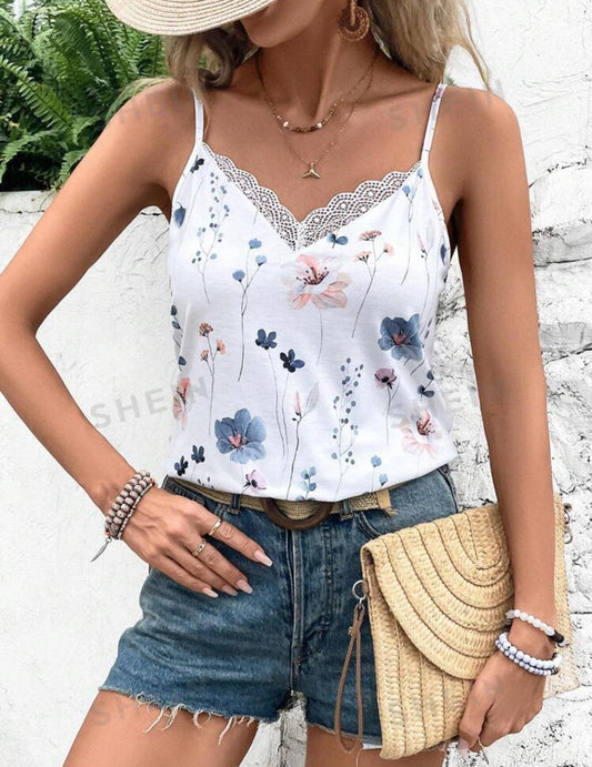 SHEIN Frenchy Top de tirantes con encaje y estampado floral